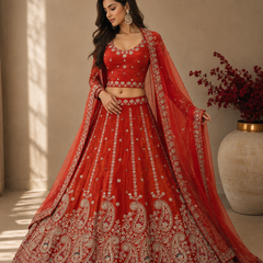 Litchi-2 bridal red Fandy lehenga choli set with semi beads work and paisley embroidery front view