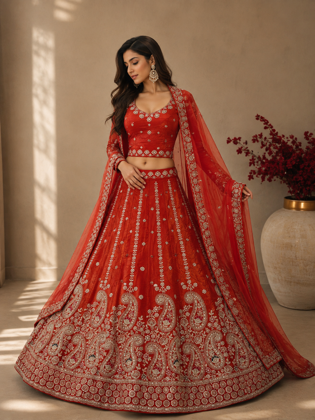 Litchi-2 bridal red Fandy lehenga choli set with semi beads work and paisley embroidery front view