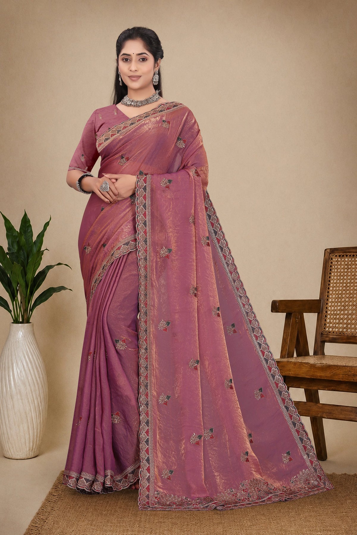 Metallic Silk Blend Embroidered Saree