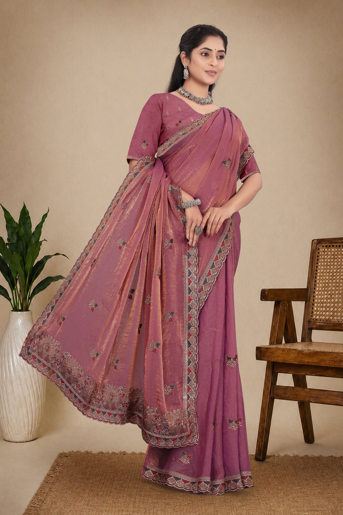 Metallic Silk Blend Embroidered Saree