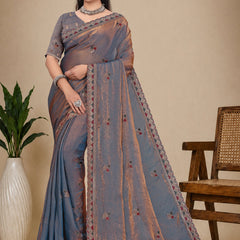 Metallic Silk Blend Embroidered Saree