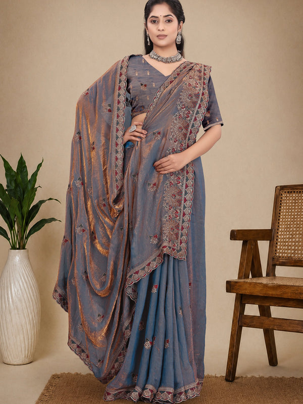 Metallic Silk Blend Embroidered Saree