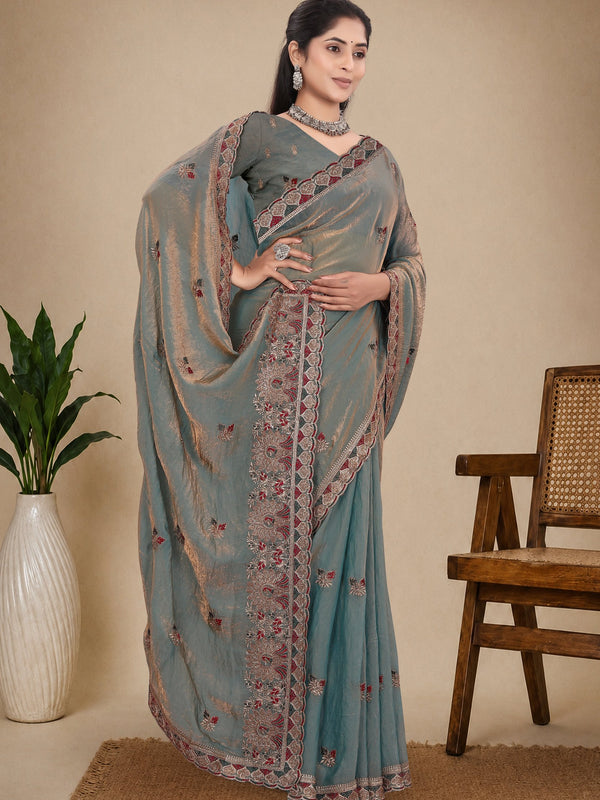 Metallic Silk Blend Embroidered Saree