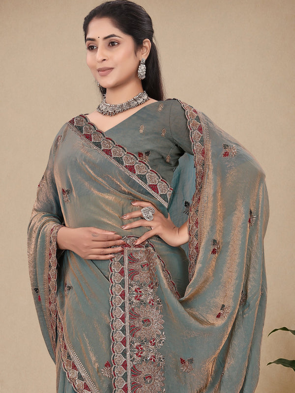 Metallic Silk Blend Embroidered Saree