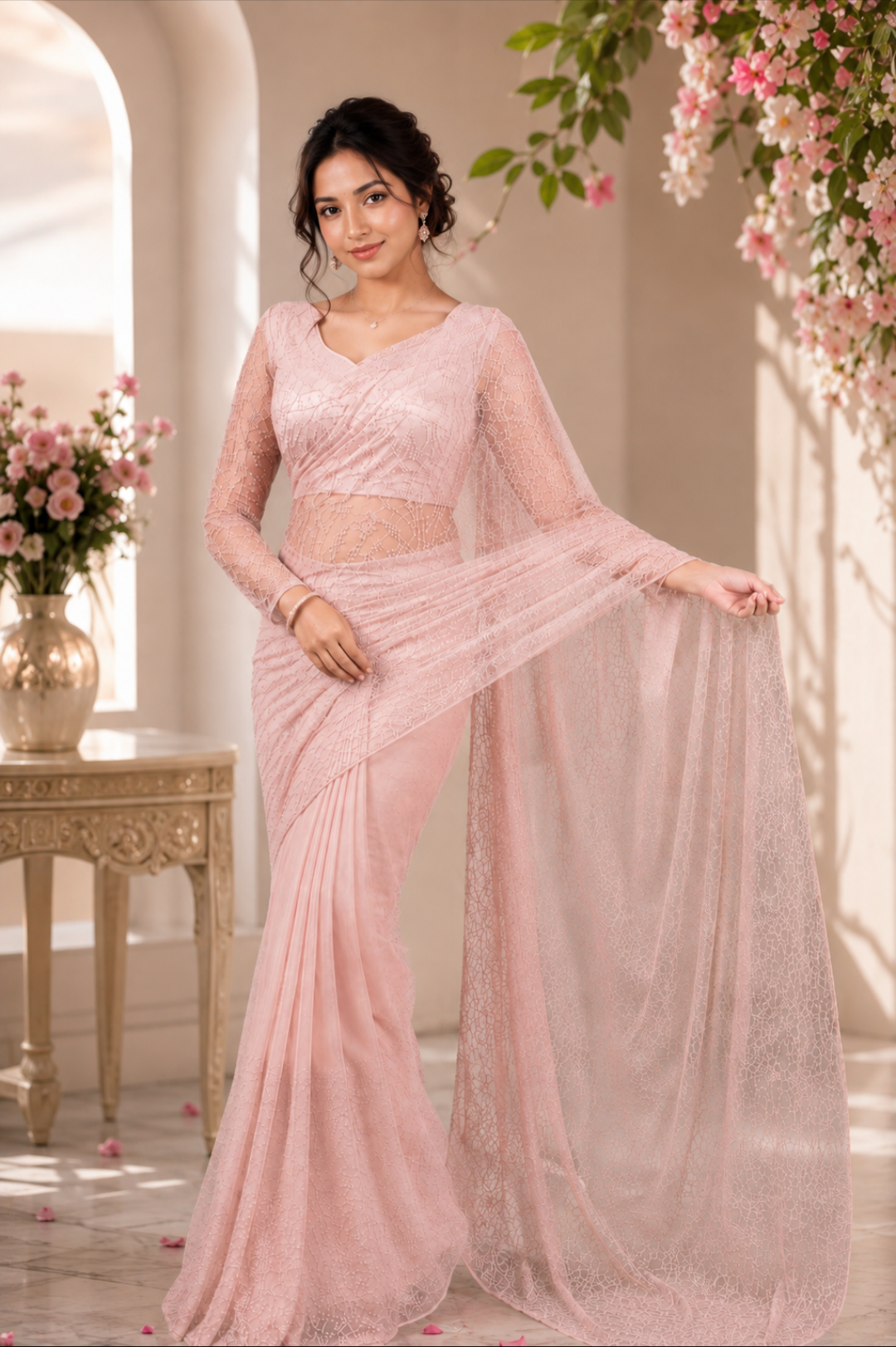 Tissus Net Embellished Beads Work Saree