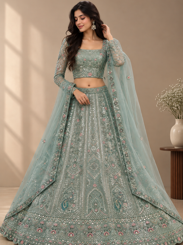 Ruchi powder blue Jimichoo lehenga choli set with mirror embellishment and silver threadwork full front view