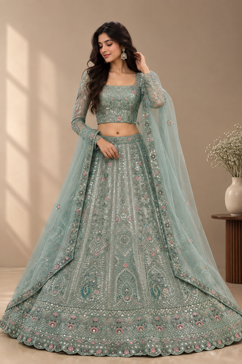 Ruchi powder blue Jimichoo lehenga choli set with mirror embellishment and silver threadwork full front view
