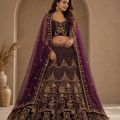 India Gate wine purple bridal lehenga choli set with gold beads handwork full front view