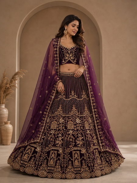 India Gate wine purple bridal lehenga choli set with gold beads handwork full front view