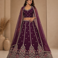 Litchi deep wine Fandy lehenga choli set with semi beads work and multi-colour embroidery front view