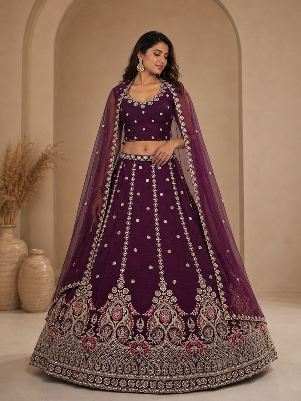 Litchi deep wine Fandy lehenga choli set with semi beads work and multi-colour embroidery front view
