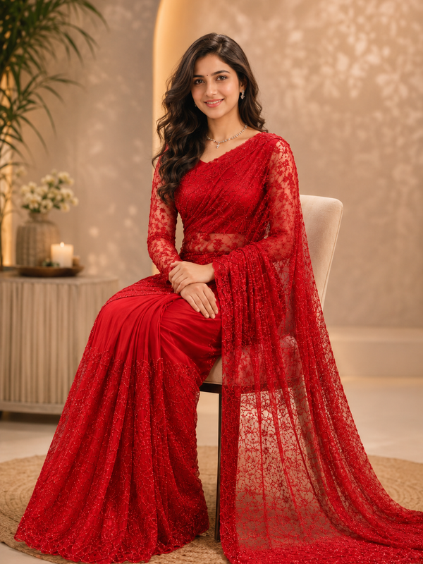 Tissus Net Embellished Beads Work Saree