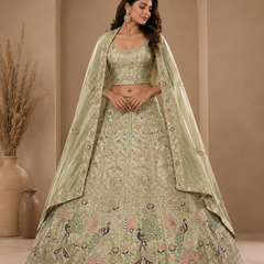 Ruchi-2 sage green Jimichoo lehenga choli set with peacock embroidery full front view