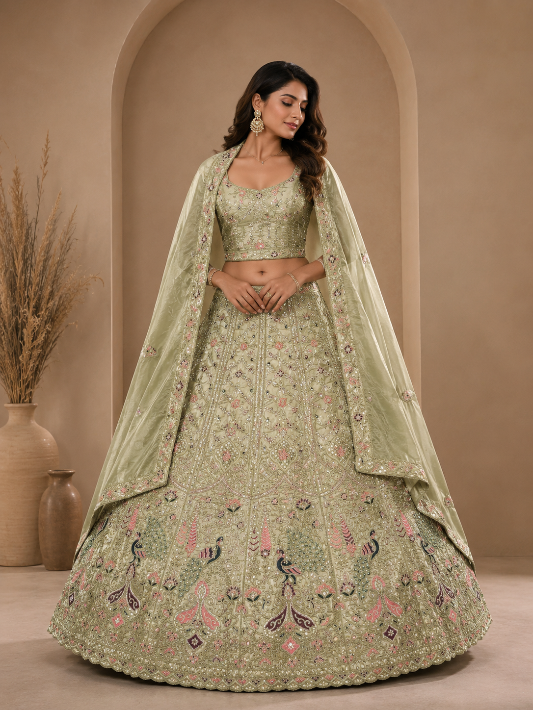 Ruchi-2 sage green Jimichoo lehenga choli set with peacock embroidery full front view