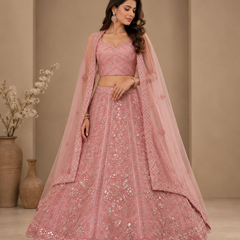 Sejal baby pink net lehenga choli set with silver thread embroidery and sequin embellishment front view