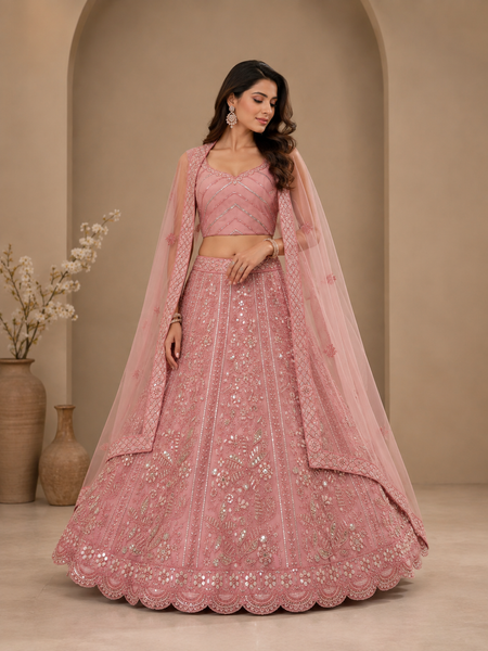 Sejal baby pink net lehenga choli set with silver thread embroidery and sequin embellishment front view