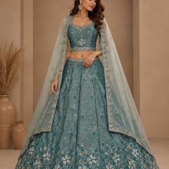 Flower teal aqua floral embroidered lehenga choli set front view