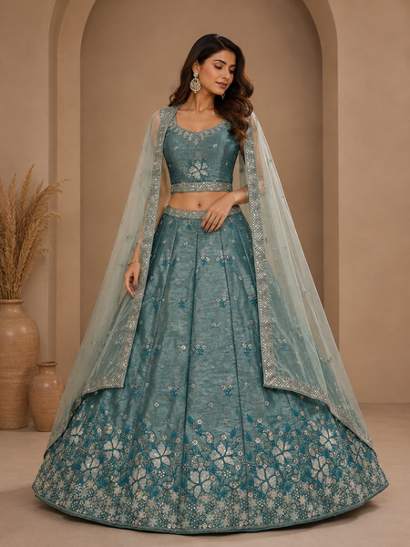 Flower teal aqua floral embroidered lehenga choli set front view