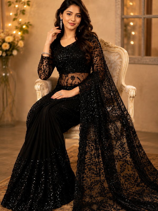 Tissus Net Embellished Beads Work Saree