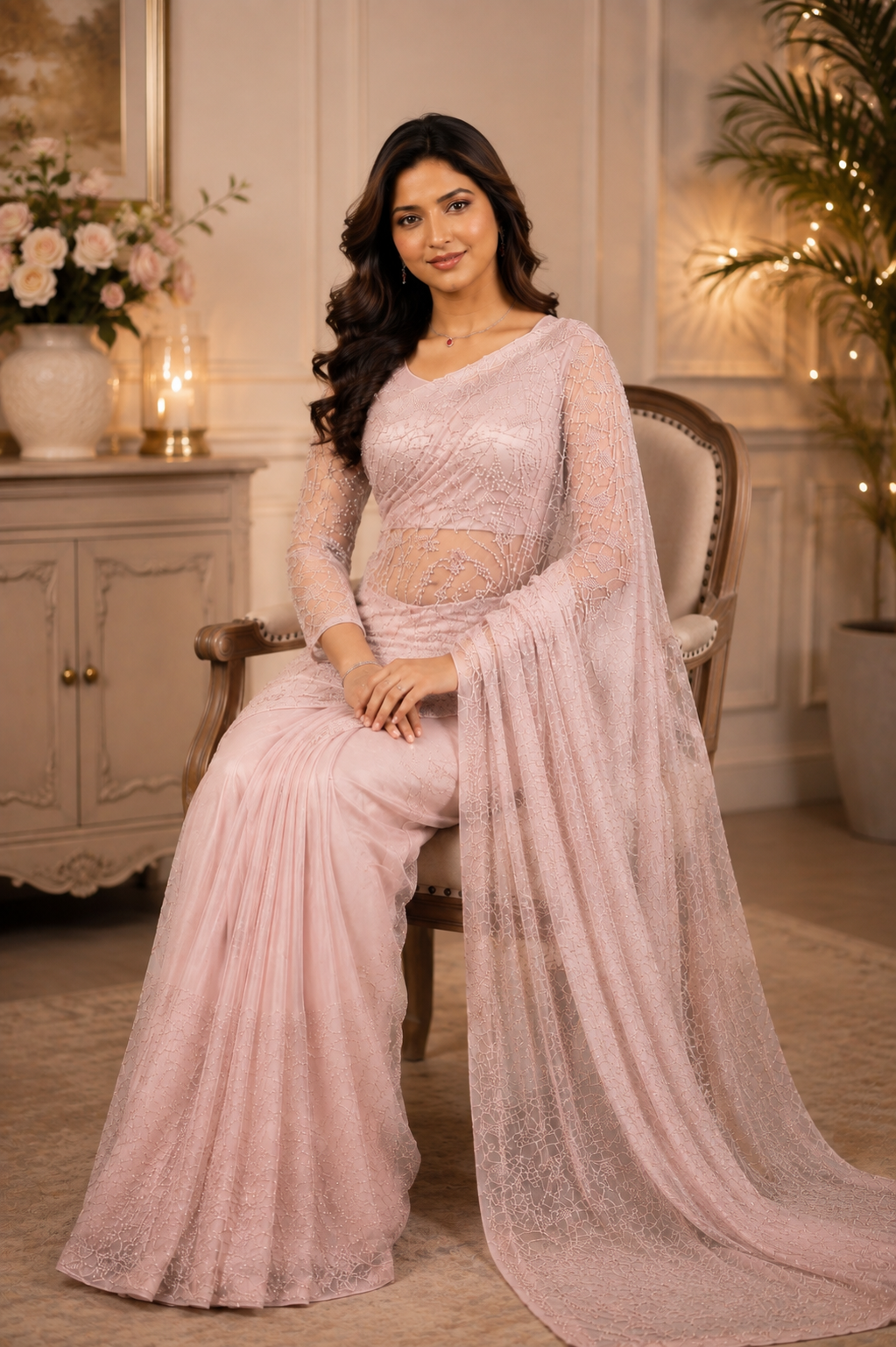 Tissus Net Embellished Beads Work Saree