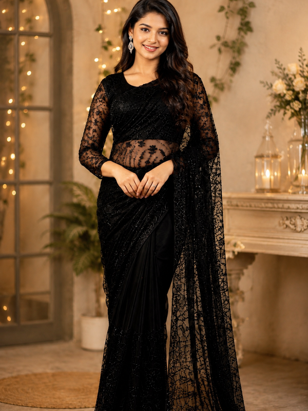 Tissus Net Embellished Beads Work Saree